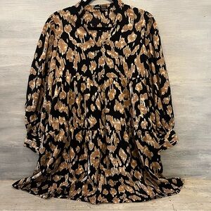 SHEIN Black Tan Abstract Print Tiered Ruffle Tunic Dress Small Like New‎
